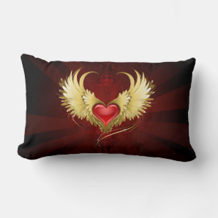 Red Heart with Golden Wings Lumbar Pillow
