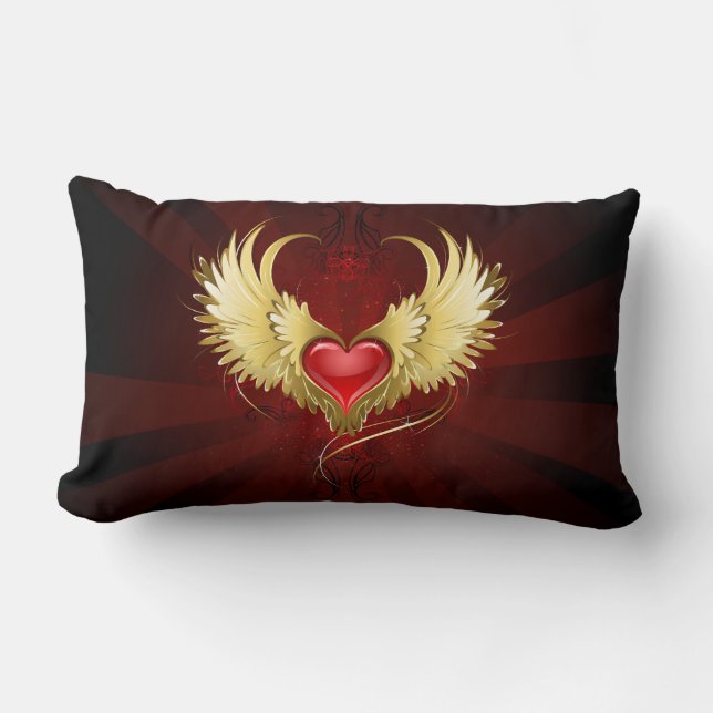 Red Heart with Golden Wings Lumbar Pillow (Front)