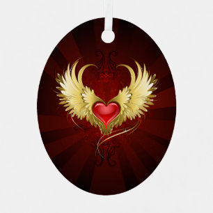 Red Heart with Golden Wings Metal Ornament