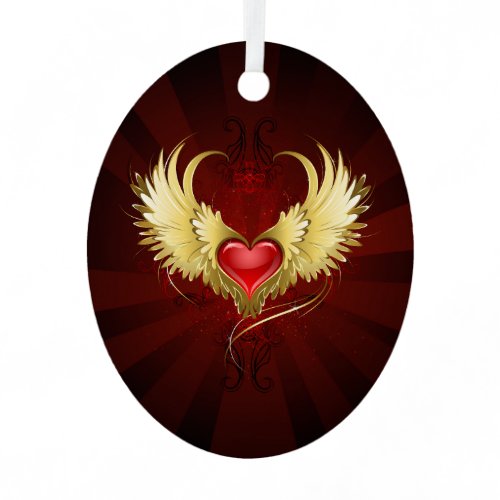 Red Heart with Golden Wings Metal Ornament