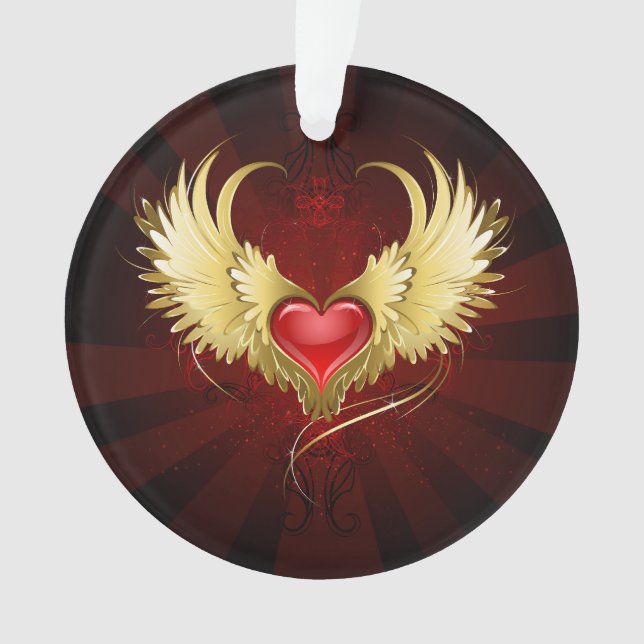Red Heart with Golden Wings Ornament (Front)