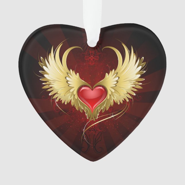 Red Heart with Golden Wings Ornament (Front)
