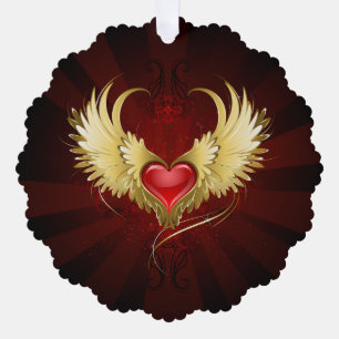 Red Heart with Golden Wings Ornament Card