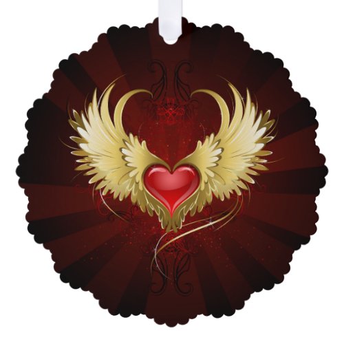 Red Heart with Golden Wings Ornament Card