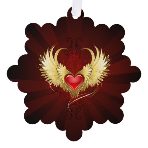 Red Heart with Golden Wings Ornament Card