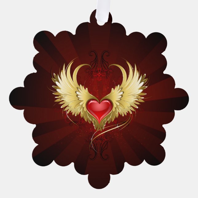 Red Heart with Golden Wings Ornament Card (Front)
