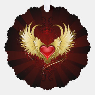 Red Heart with Golden Wings Ornament Card
