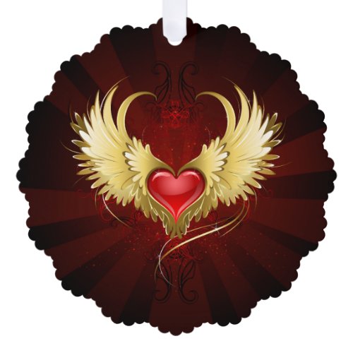 Red Heart with Golden Wings Ornament Card