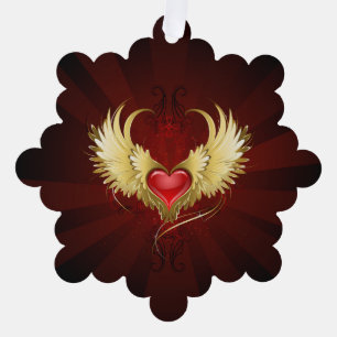 Red Heart with Golden Wings Ornament Card