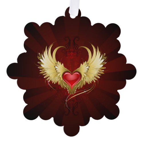 Red Heart with Golden Wings Ornament Card