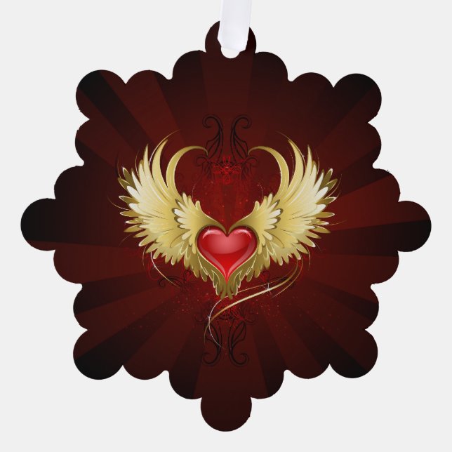 Red Heart with Golden Wings Ornament Card (Front)