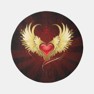 Red Heart with Golden Wings Outdoor Rug