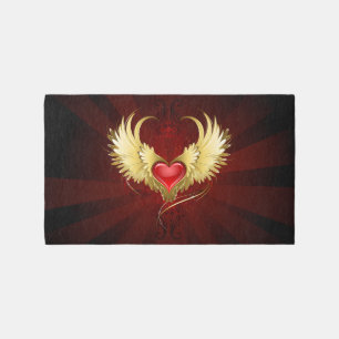 Red Heart with Golden Wings Outdoor Rug