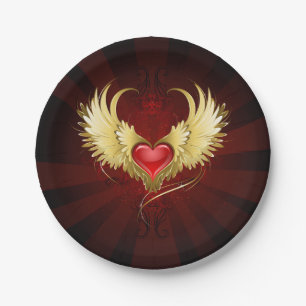 Red Heart with Golden Wings Paper Plates