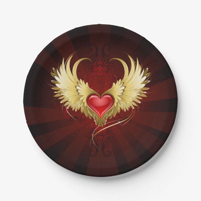 Red Heart with Golden Wings Paper Plates (Front)