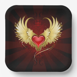 Red Heart with Golden Wings Paper Plates