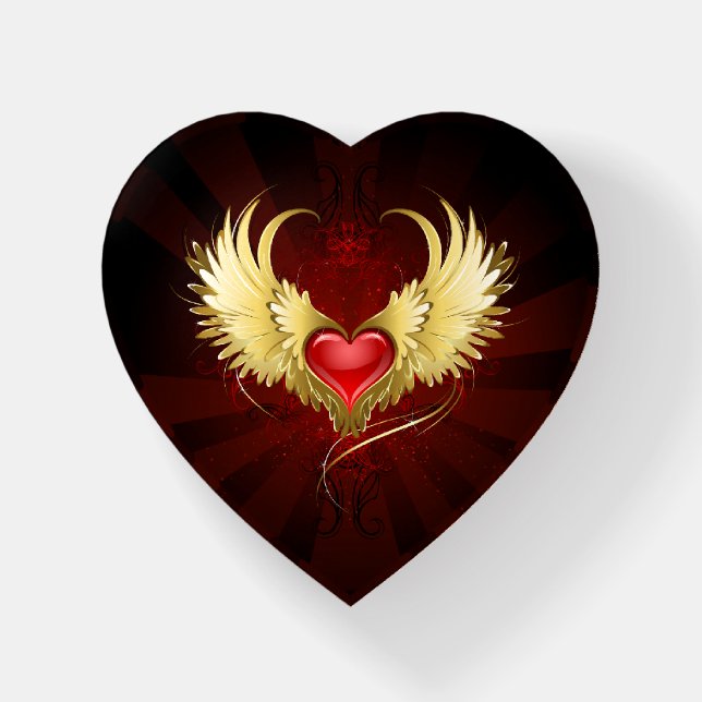 Red Heart with Golden Wings Paperweight (Front)