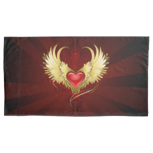 Red Heart with Golden Wings Pillow Case