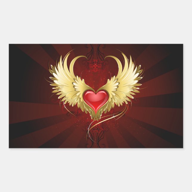 Red Heart with Golden Wings Rectangular Sticker (Front)