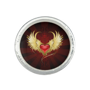 Red Heart with Golden Wings Ring