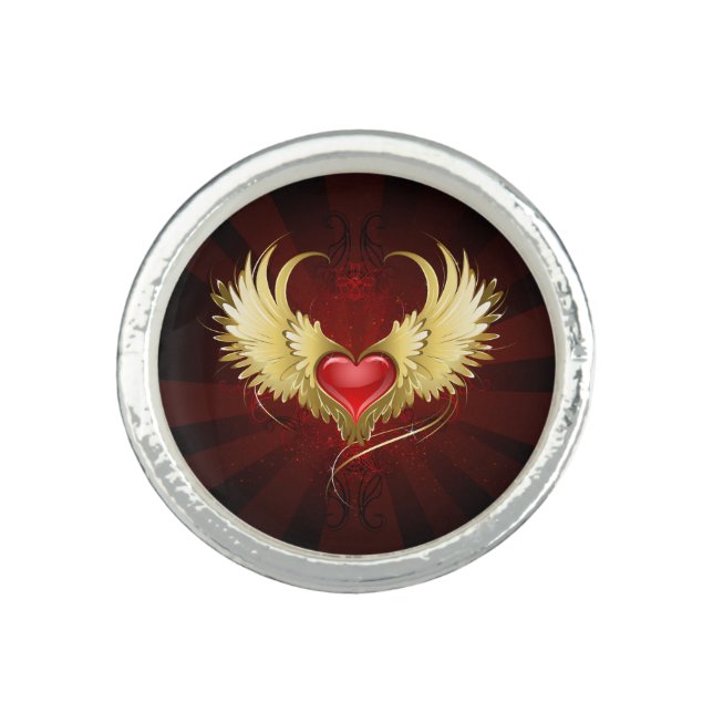 Red Heart with Golden Wings Ring (Front)