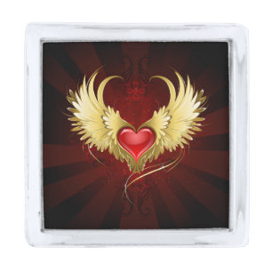 Red Heart with Golden Wings Silver Finish Lapel Pin