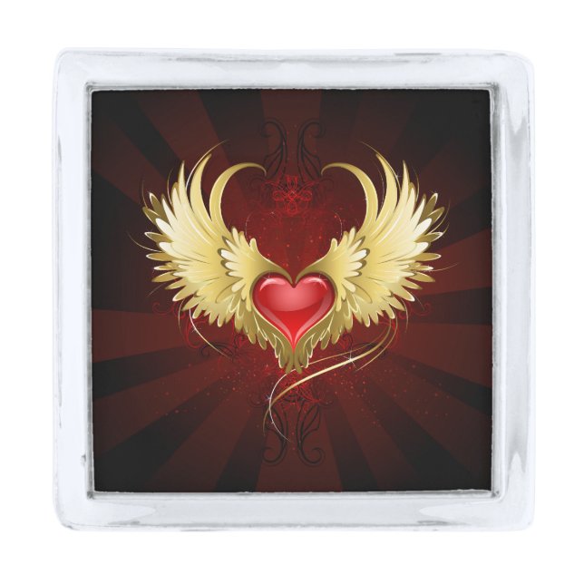 Red Heart with Golden Wings Silver Finish Lapel Pin (Front)