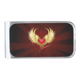 Red Heart with Golden Wings Silver Finish Money Clip