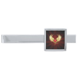 Red Heart with Golden Wings Silver Finish Tie Bar