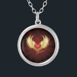 Red Heart with Golden Wings Silver Plated Necklace<br><div class="desc">Bright red heart of an angel with golden wings shining in the dark radiant red background decorated with a pattern.</div>