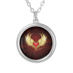 Red Heart with Golden Wings Silver Plated Necklace