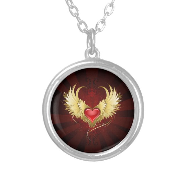 Red Heart with Golden Wings Silver Plated Necklace (Front)