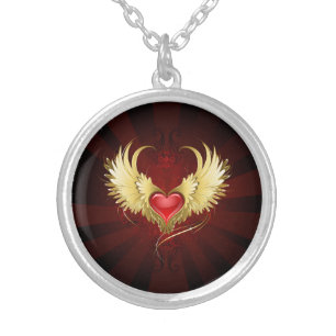 Red Heart with Golden Wings Silver Plated Necklace