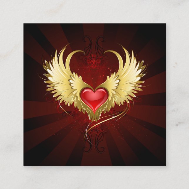 Red Heart with Golden Wings Square Business Card (Front)