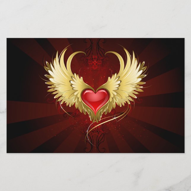 Red Heart with Golden Wings Stationery (Front)