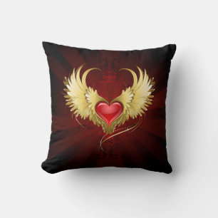Red Heart with Golden Wings Throw Pillow