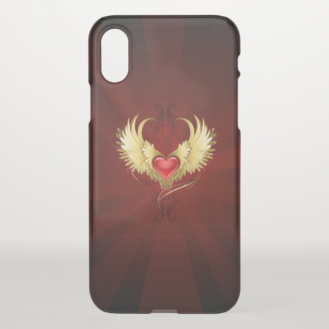 Red Heart with Golden Wings Uncommon iPhone Case (Back)