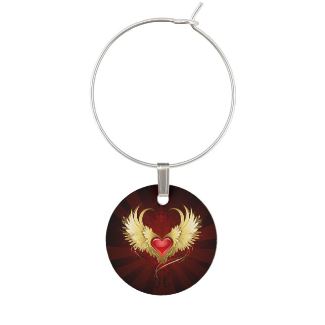 Red Heart with Golden Wings Wine Charm (Front)