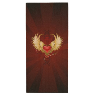 Red Heart with Golden Wings Wood Flash Drive
