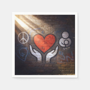 Red Heart with Hands Graffiti On a Brick Wall Napkins