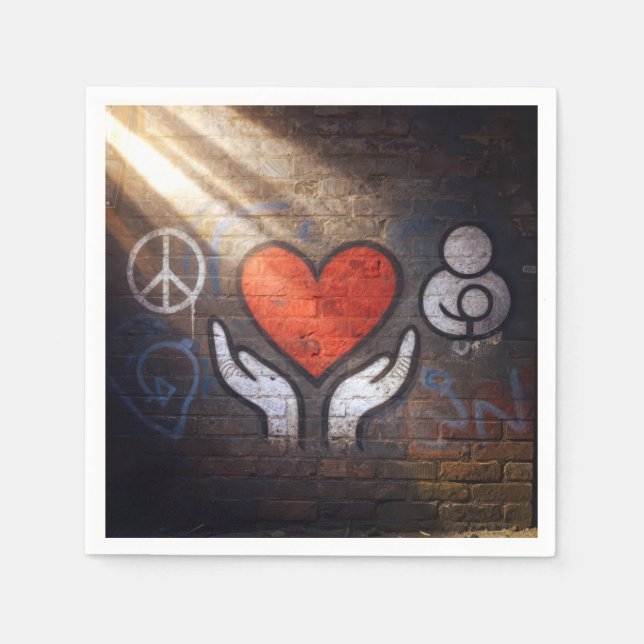 Red Heart with Hands Graffiti On a Brick Wall Napkins (Front)