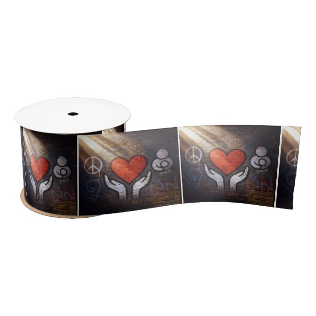 Red Heart with Hands Graffiti On a Brick Wall Satin Ribbon (Spool)