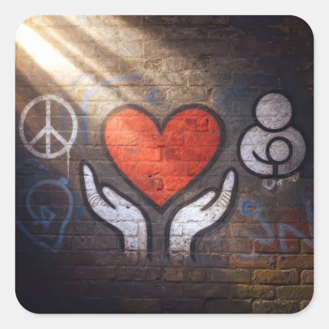 Red Heart with Hands Graffiti On a Brick Wall Square Sticker (Front)