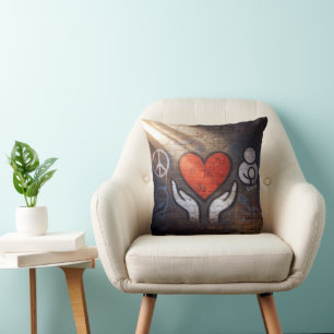 Red Heart with Hands Graffiti On a Brick Wall Throw Pillow