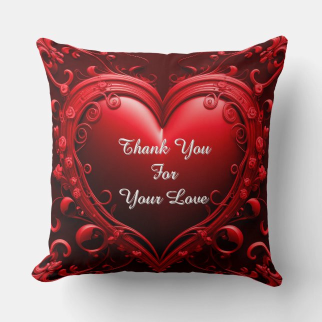 Red Heart With Ornate Floral Frame Throw Pillow (Front)