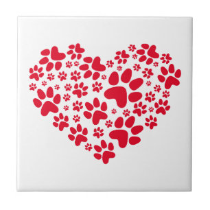 red heart with paws, animal foodprint pattern ceramic tile