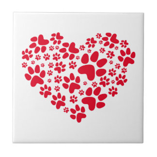 red heart with paws, animal foodprint pattern ceramic tile