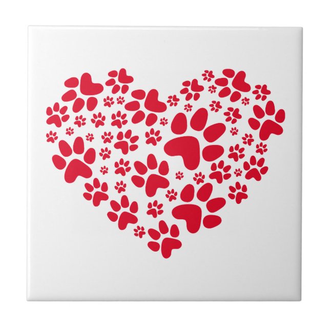 red heart with paws, animal foodprint pattern ceramic tile (Front)