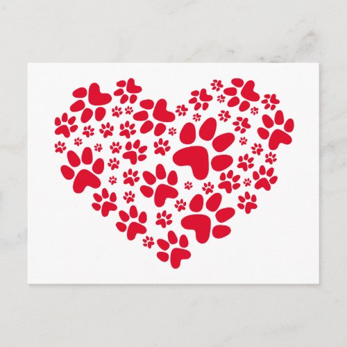 red heart with paws animal foodprint pattern postcard