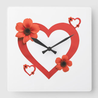 Red Heart Wood Sign, Minimalist Style. Square Wall Clock